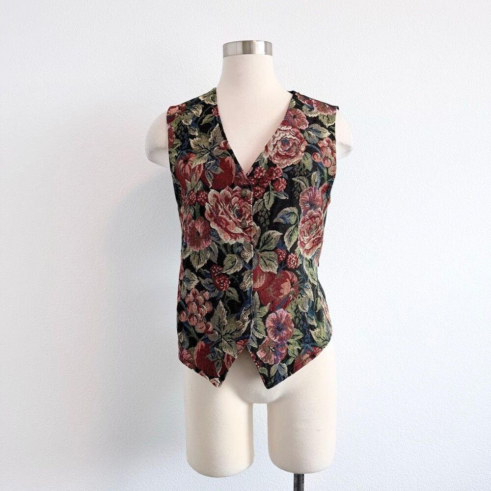 Bobbie Brooks Black Fruit Floral Tapestry Satin Vest Small Rose